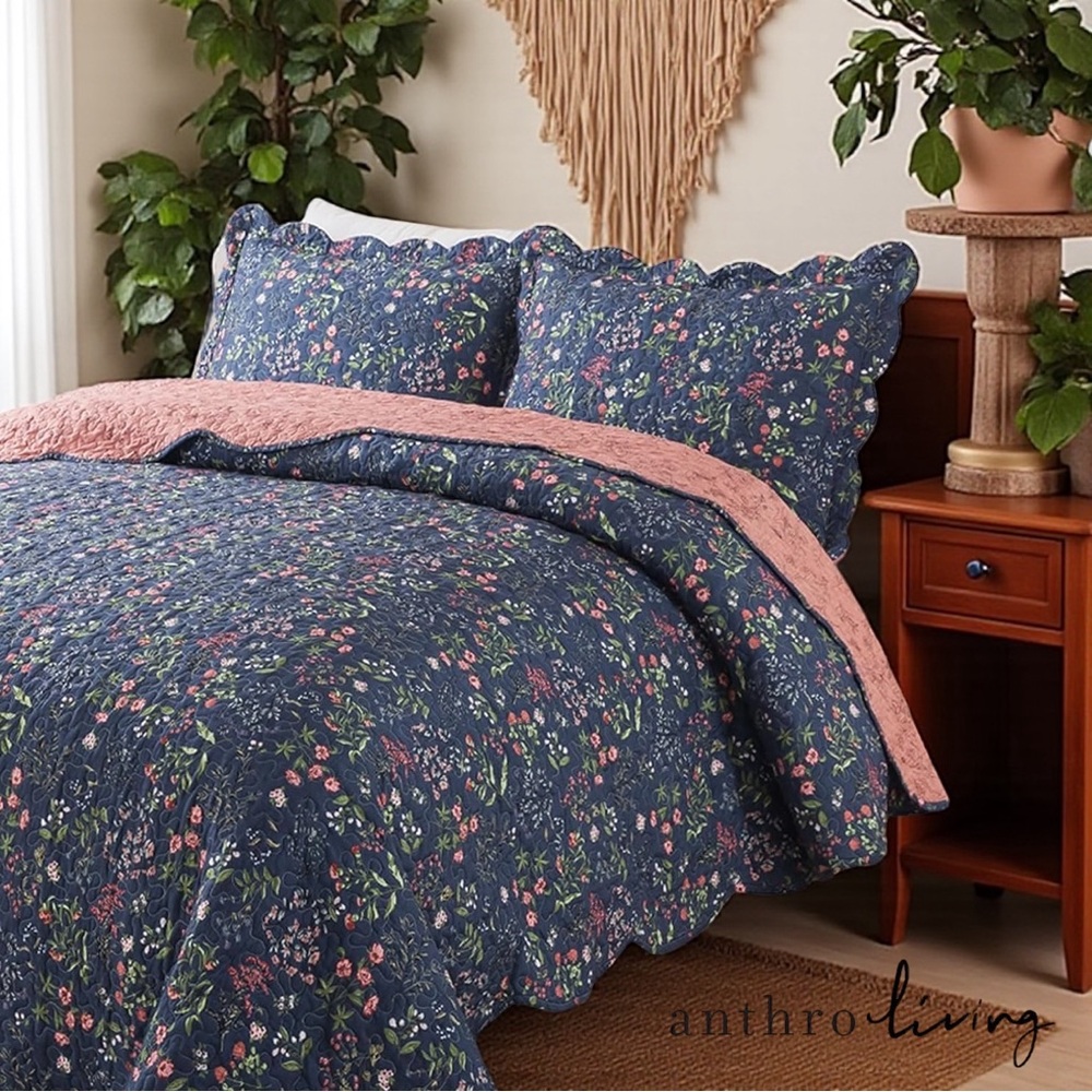 NEW Anthro Blue Floral Queen King Boho Quilt Bedding Bedspread Duvet & Sham Set
